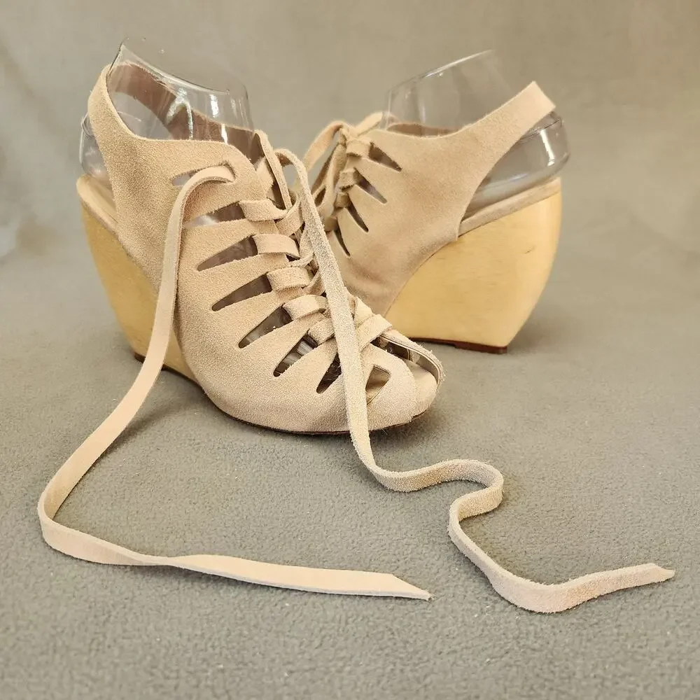 LOEFFLER RANDALL Vivian Lace Up Wedge Sandal  Size 7.5B Natural Tan‎ Slingback - Picture 9 of 15